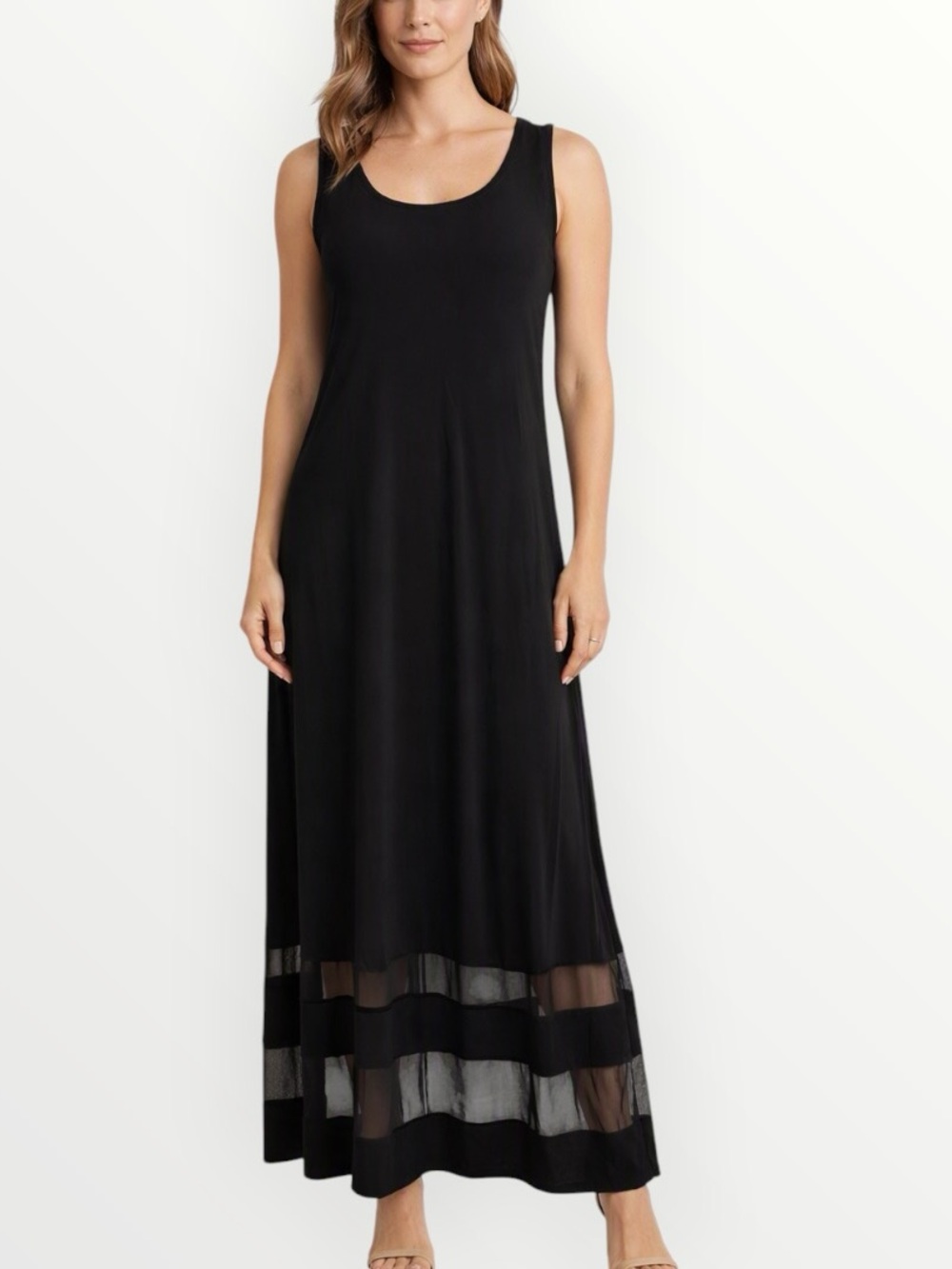 NWT Nordstrom Tash + Sophie Black Sleeveless Stripe Mesh Hem Maxi Dress M 8/10